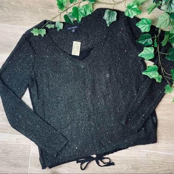 American Eagle Outfitters Sweaters - American Eagle V-Neck Sequin Knit Sweater Sheer Open Back XL
